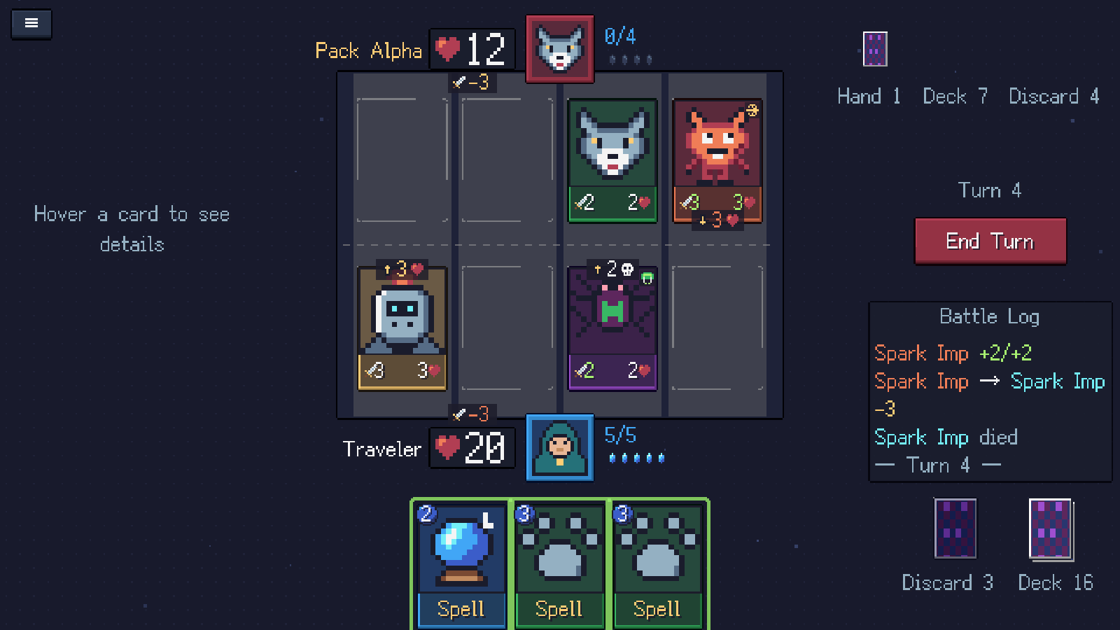 Cardfarer battle with four lanes, attack previews and a battle log
