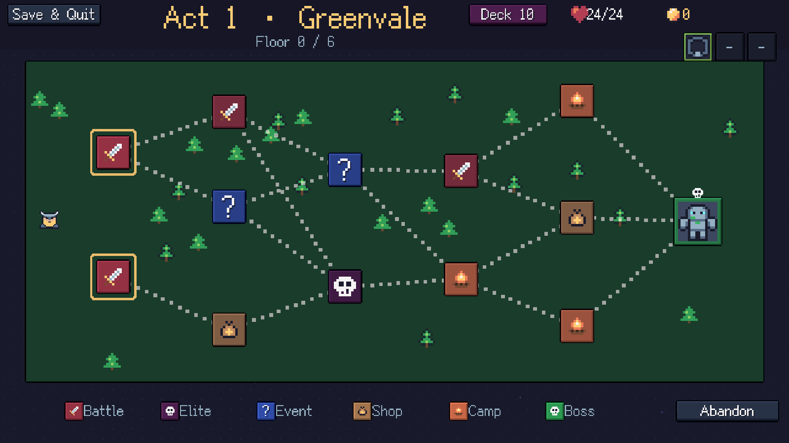 A branching Expedition map with battles, events, shops and campfires