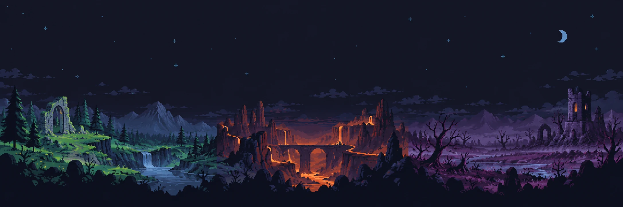 Pixel-art atmosphere illustration of a green valley, an ember canyon and a haunted moor